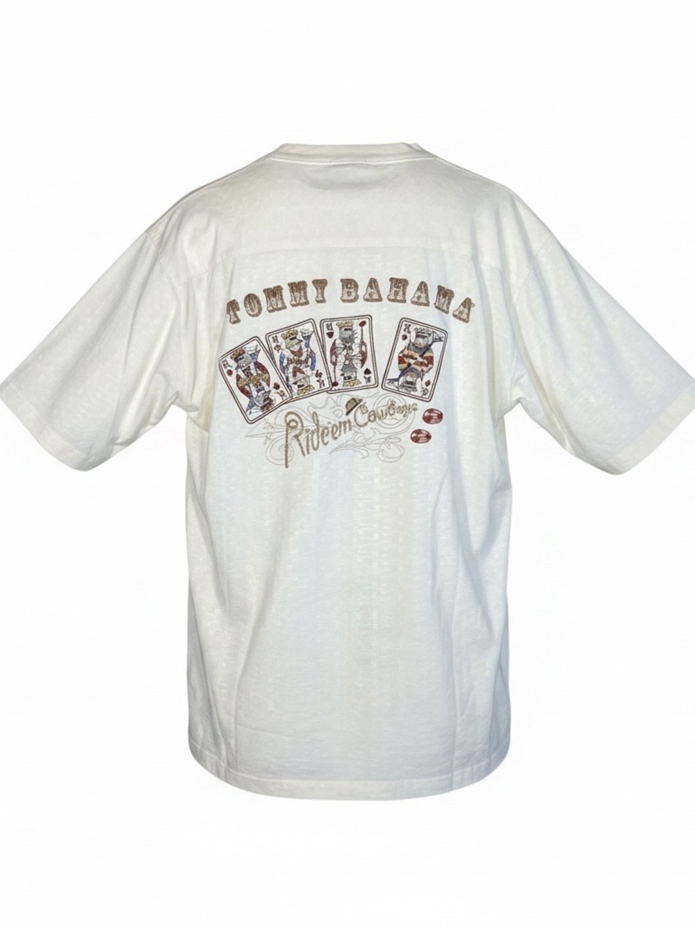 Tommy Bahama Camp Shirt Mens XL Beige Embroidered Ride Em Cowboys Poker Cards